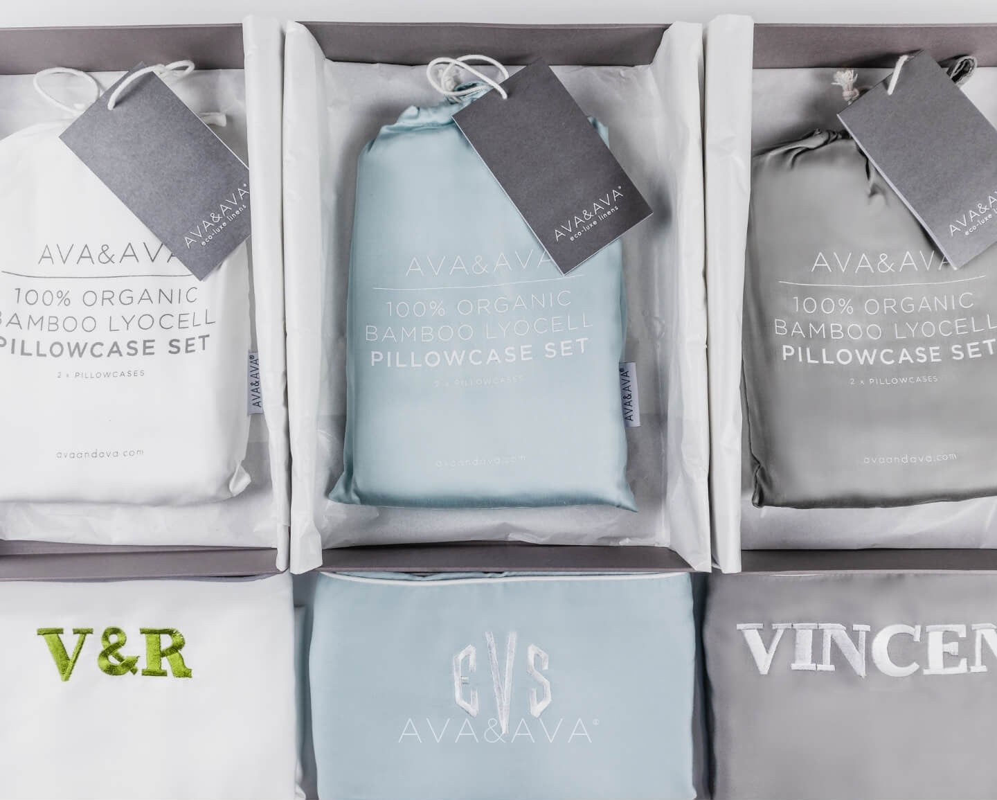 Ava and ava ph premium gift box with organic bamboo lyocell 2pc pillowcase set with personalized embroidery monogram
