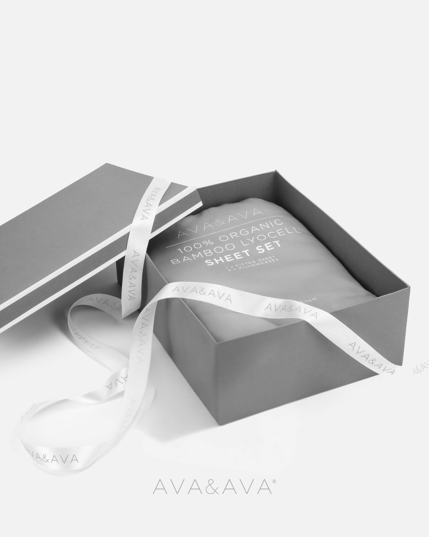 ava and ava ph gray premium gift box. organic bamboo lyocell sheet set gray. 