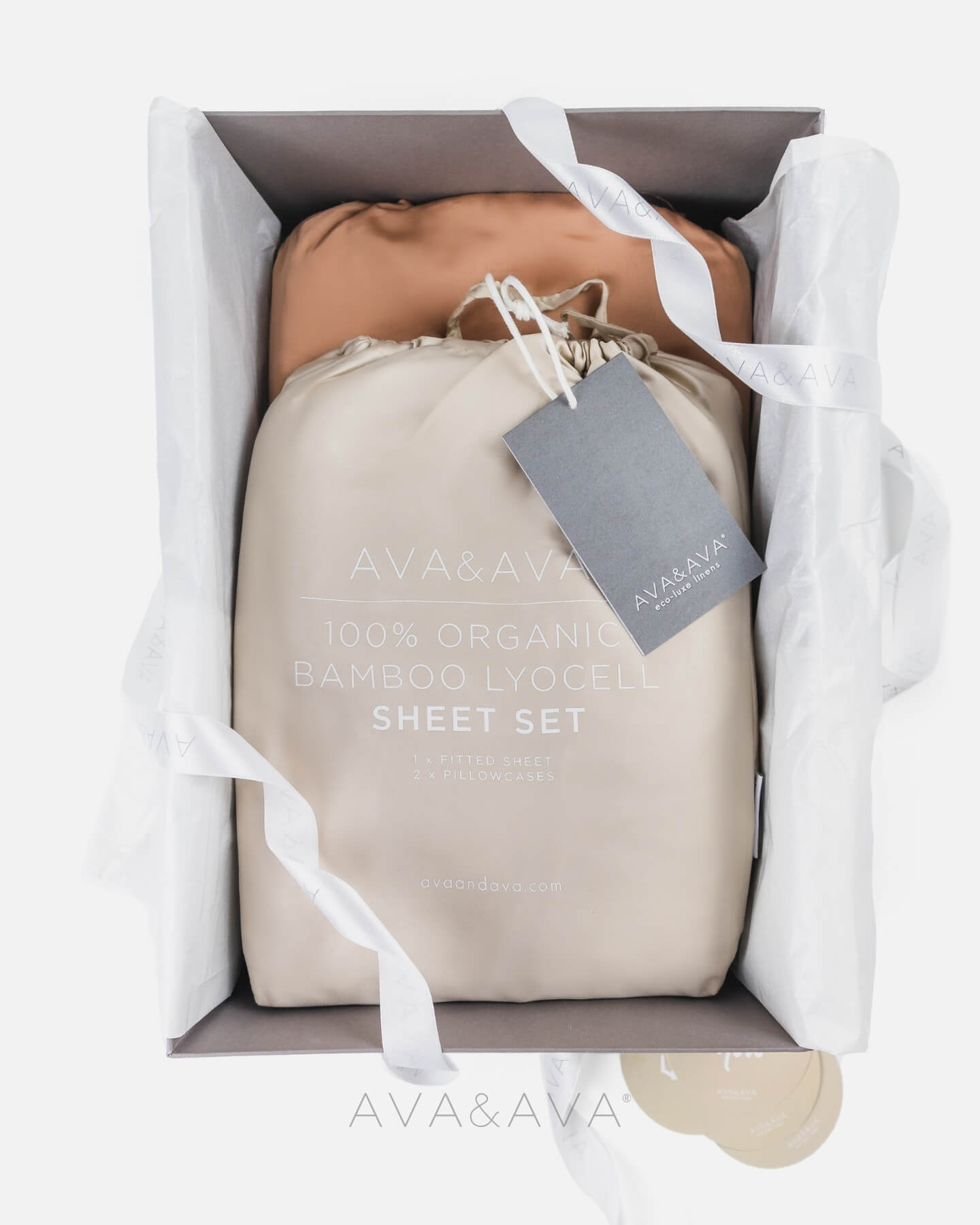 ava and ava ph gray premium gift box. organic bamboo lyocell sheet set and duvet cover neutral sand beige, autumn caramel ochre. 