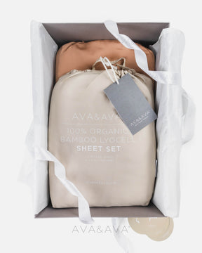 ava and ava ph gray premium gift box. organic bamboo lyocell sheet set and duvet cover neutral sand beige, autumn caramel ochre. 