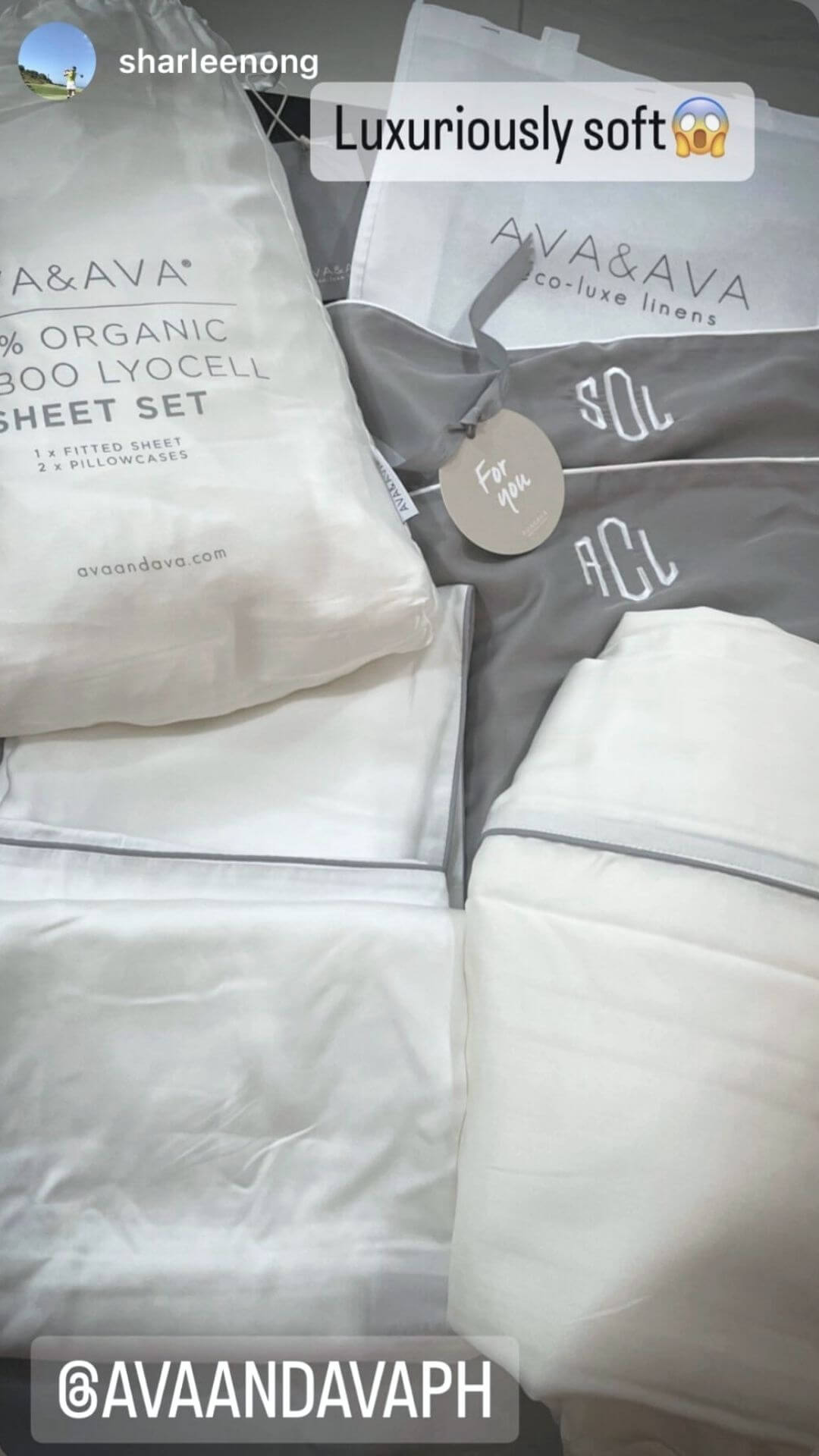 ava and ava ph review - white organic bamboo lyocell sheets and gray pillowcase with professional looking embroidery monogram