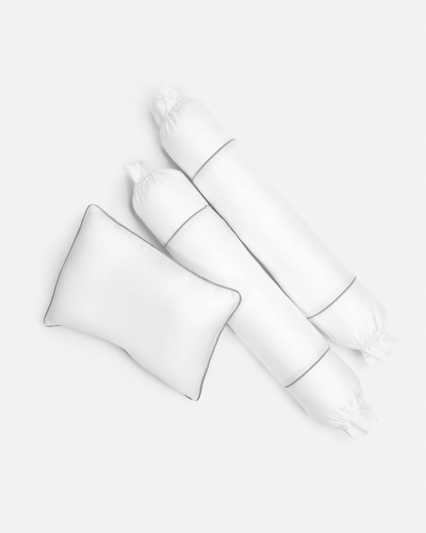 ava and ava ph organic bamboo lyocell baby pillowcase set - pillowcase, 2 bolstercases in daydream blush (white with gray piping)