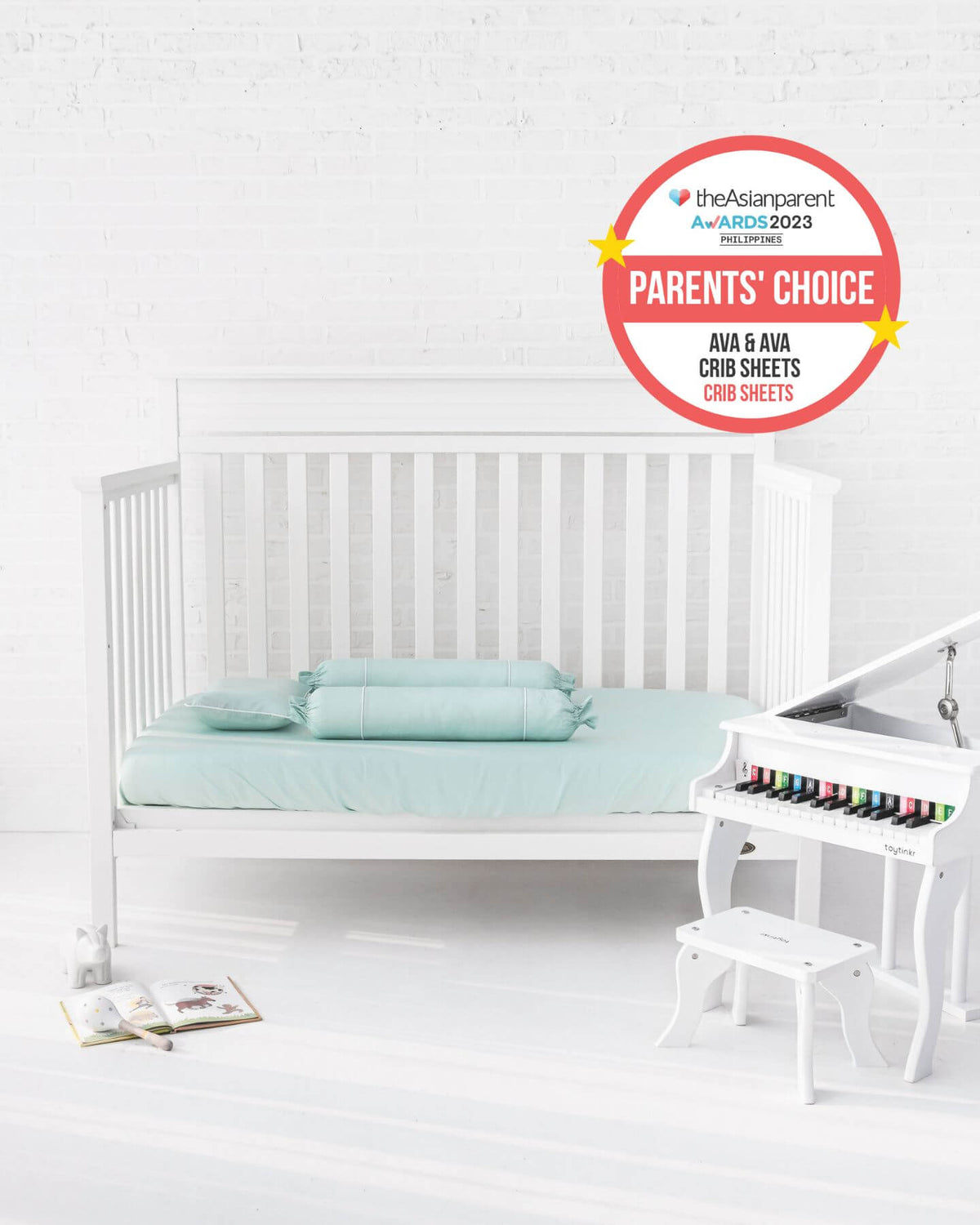 ava and ava ph organic bamboo lyocell baby bedding - crib fitted sheet, pillowcase, 2 bolstercases in silver lining (mint green with white piping). breathable soft. theasianparent awards philippines best crib sheets