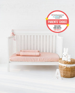 ava and ava ph organic bamboo lyocell baby bedding - crib fitted sheet, pillowcase, 2 bolstercases in silver lining (pink with white piping). breathable soft. theasianparent awards philippines best crib sheets