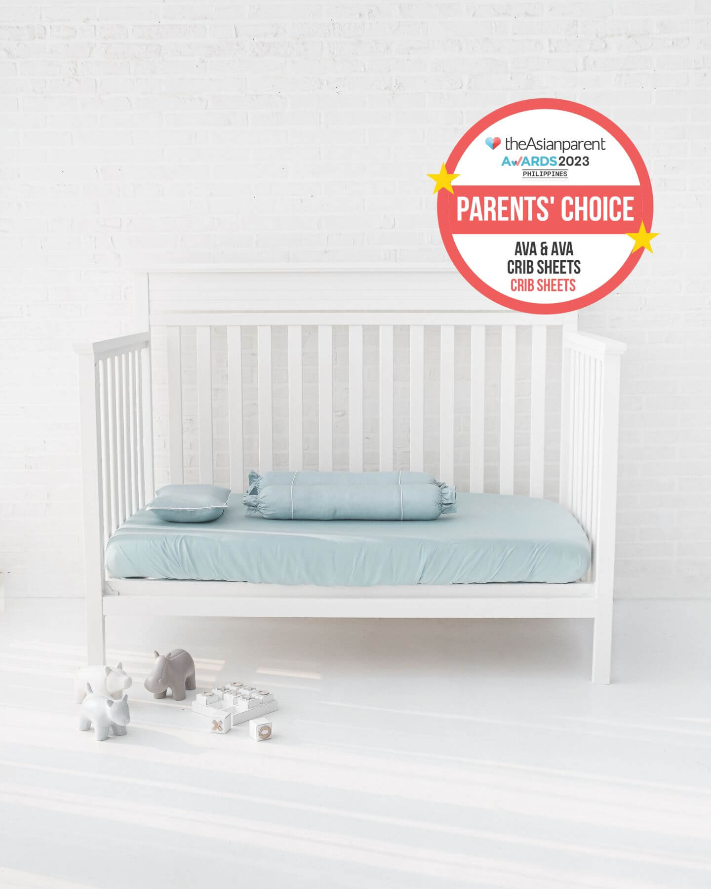 ava and ava ph organic bamboo lyocell baby bedding - crib fitted sheet, pillowcase, 2 bolstercases in silver lining (blue with white piping). breathable soft. theasianparent awards philippines best crib sheets