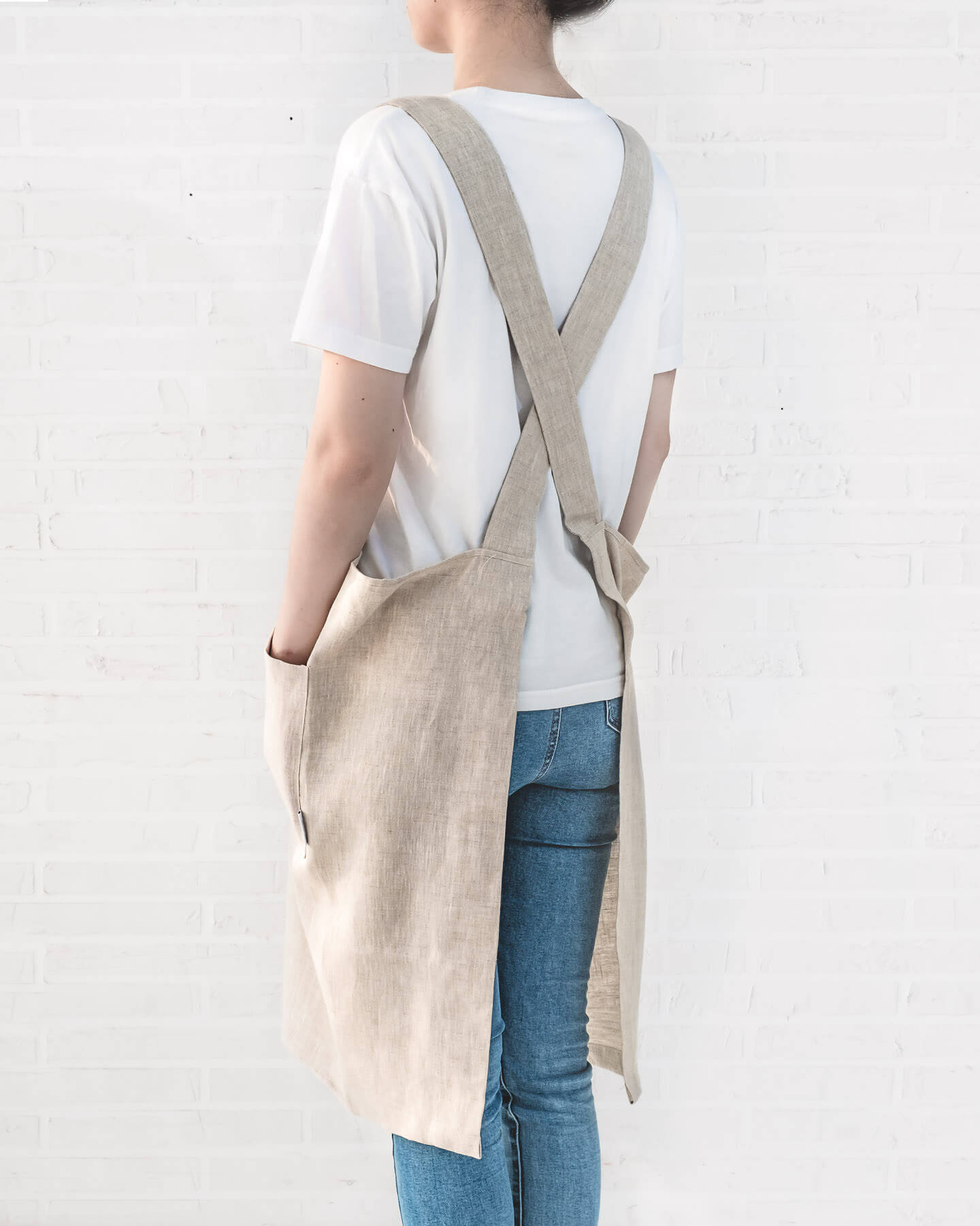 ava and ava ph natural color pure linen crossback apron on female adult, crossback straps, no ties