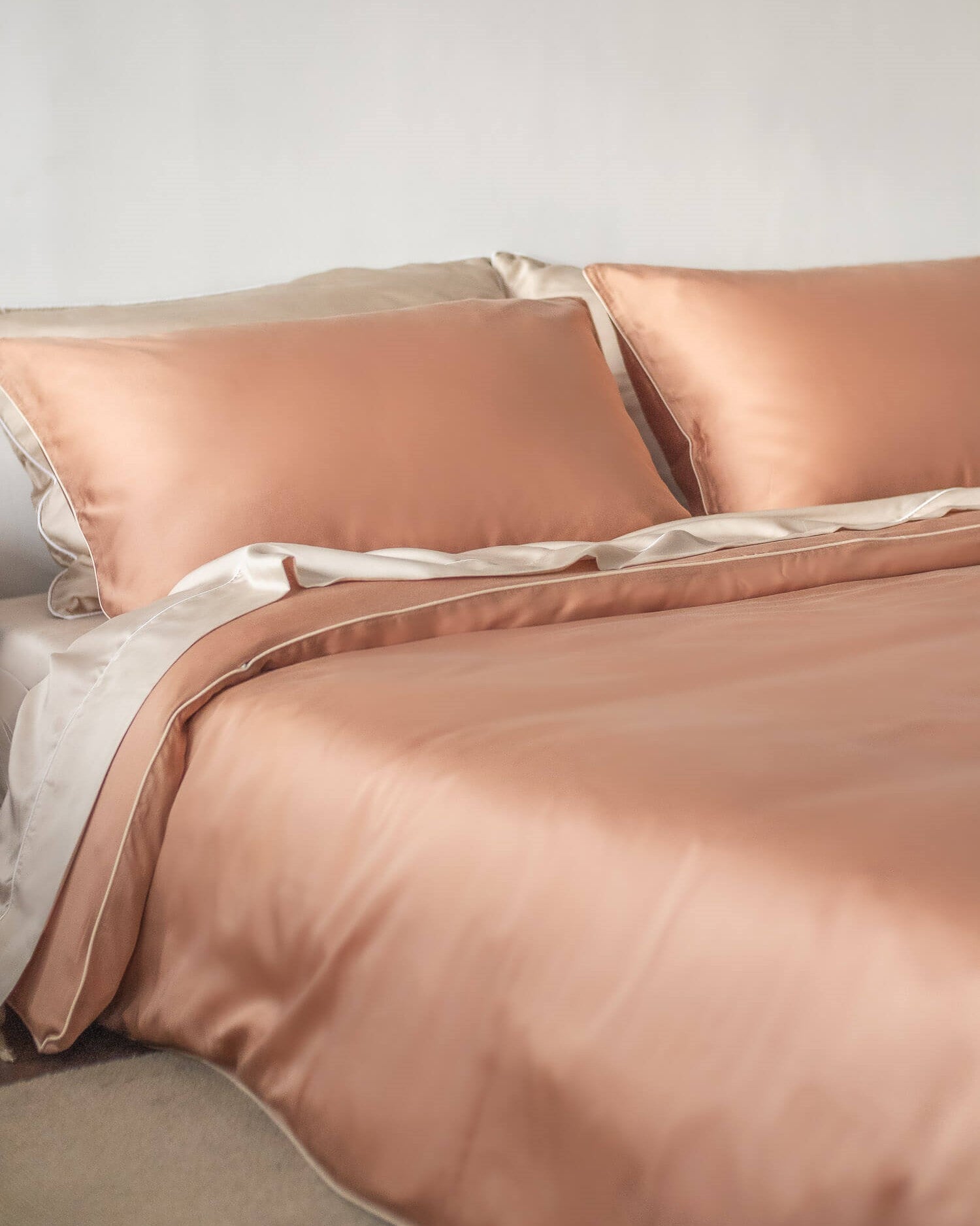 ava and ava ph organic bamboo lyocell duvet cover and pillowcases (autumn caramel ochre), flat sheet (sand beige). soft and cooling bedding sheets.