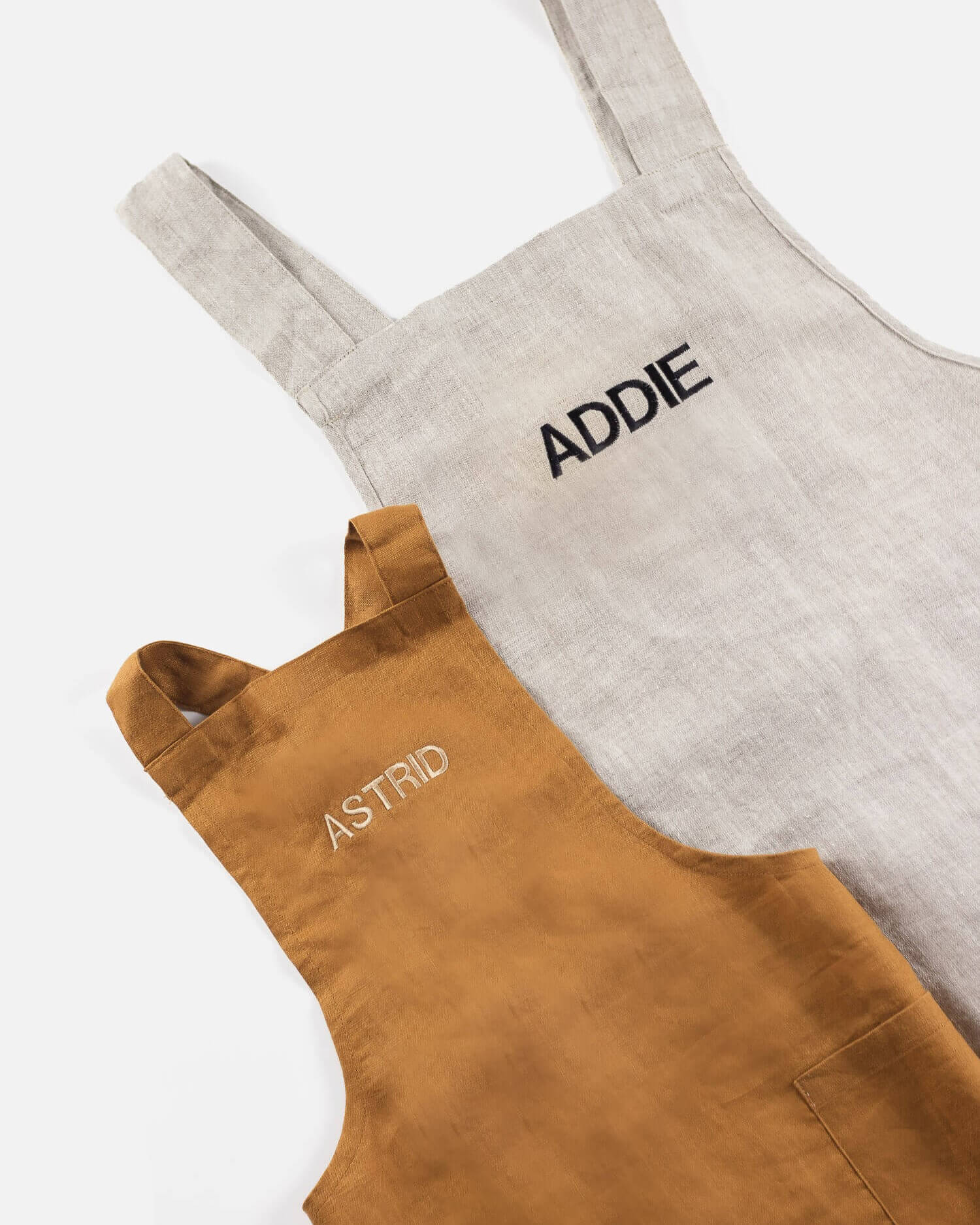 ava and ava ph Pure linen matching adult and  crossback apron in caramel and natural with custom embroidery and monogram name initials