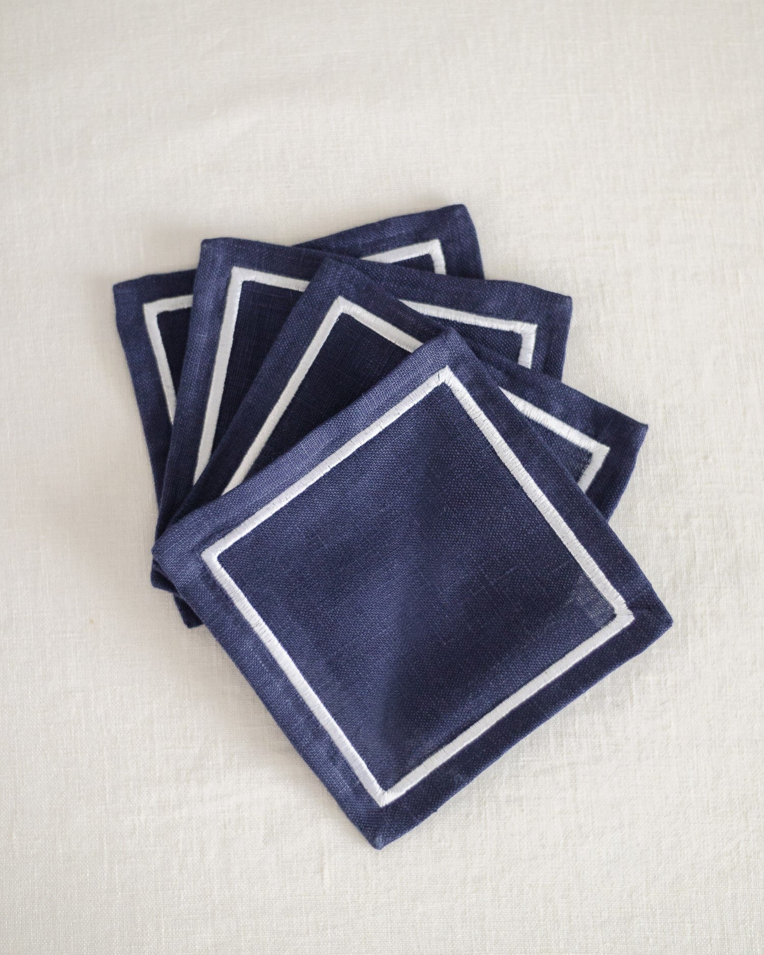 ava and ava organic pure linen embroidered coasters set  navy