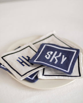 ava and ava organic pure linen embroidered coasters set monogrammed coaster white navy natural color