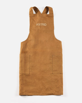ava and ava ph Pure linen matching adult and  crossback apron in caramel and natural with custom embroidery and monogram name initials